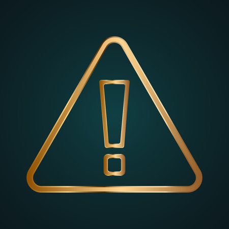 Warning exclamation sign vector icon. Gradient gold metal with dark backgroundのイラスト素材