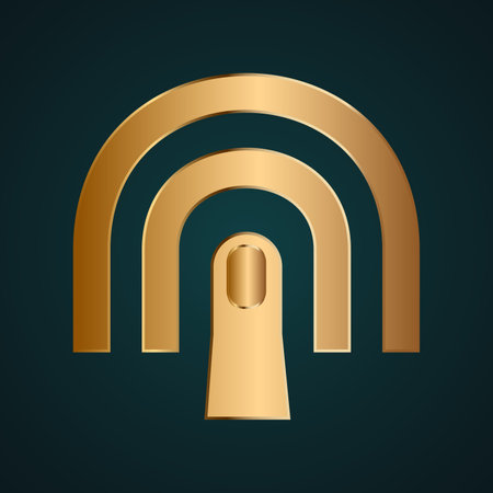 Fingerprint press sign icon vector logo. Gold metal with dark backgroundのイラスト素材
