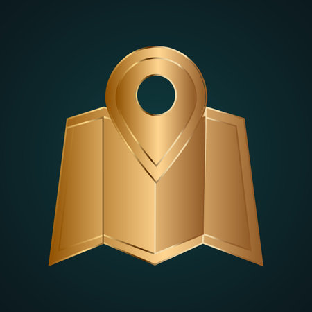 Map location pin pointer icon vector logo. Gold metal with dark backgroundのイラスト素材