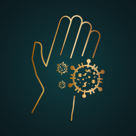 Coronavirus bacterial cells on human palm hand vector icon. Gold metal with dark backgroundのイラスト素材