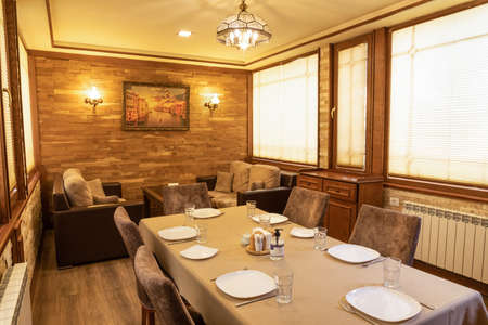 Wooden style restaurant banquet event room interiorのeditorial素材