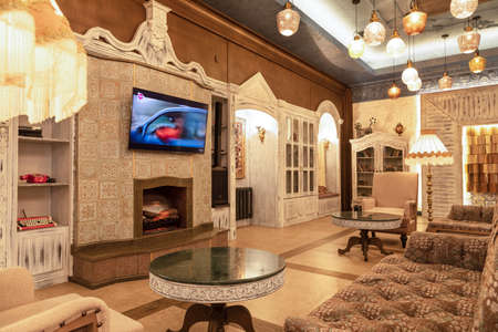 Fireplace in the luxury restaurant banquet hall event room interiorのeditorial素材