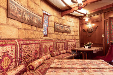 Old vintage style restaurant banquet hall event room interiorのeditorial素材