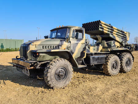 BM-21 Grad Soviet truck-mounted 122 mm multiple rocket launcher - Baku, Azerbaijan, 04-16-2021