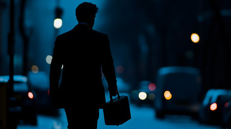 Silhouette of businessman walking down a city street at night, carrying a briefcaseの素材