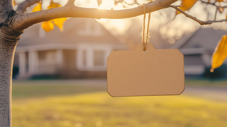 Blank cardboard sign is hanging from a tree branch with a house in the backgroundの素材