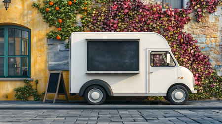 White food truck is parked on a city street with a blank menu signの素材