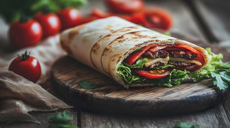 Fresh appetizing sandwich with meat and vegetables wrapped in pita bread is lying on wooden cutting boardの素材