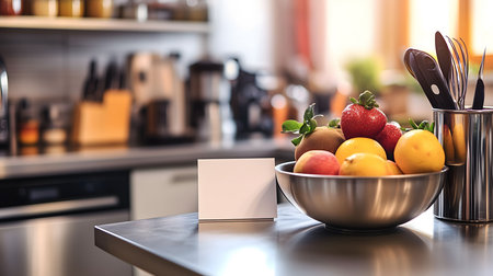 Bowl of fresh fruit sits on a stainless steel counter in a modern kitchen, with a blank card providing space for text or a messageの素材