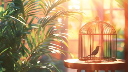 Bird is standing on a perch inside a birdcage with the sun shining brightly behind itの素材