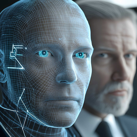 3d illustration of a businessman transforming into a wireframe hologram, symbolizing the rise of artificial intelligenceの素材