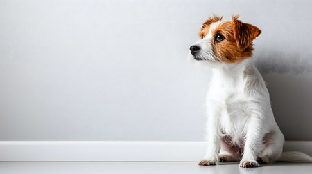 Cute jack russell terrier dog is sitting near a gray wall and looking up with curiosityの素材