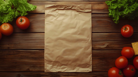 Crumpled brown paper lying on wooden table with tomatoes, cheese and lettuce aroundの素材