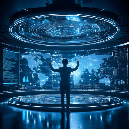 Businessman is raising his arms, analyzing global network data displayed on a futuristic circular interface in a high-tech control roomの素材