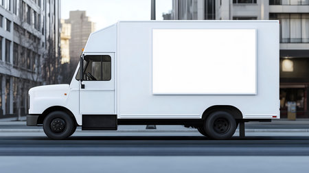 White delivery van is driving down a city street with a blank billboard on its sideの素材