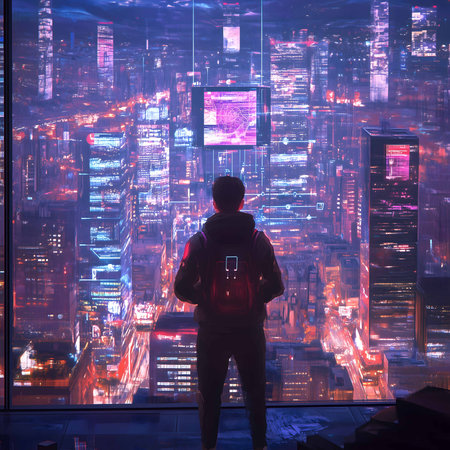 Software developer is looking out at a futuristic cityscape with augmented reality interfacesの素材