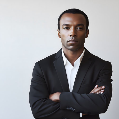 Confident businessman crossing his arms while standing on white backgroundの素材