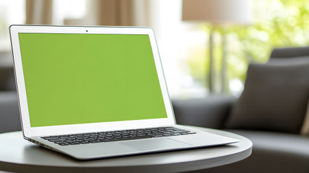 Silver laptop computer with a green screen is open, displaying a bright green chroma key screenの素材