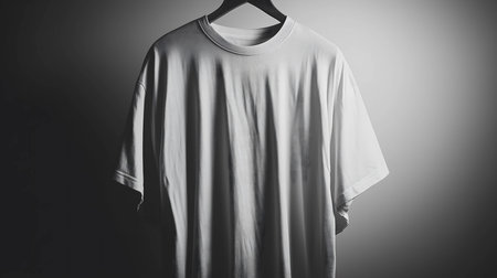 Plain white t-shirt is hanging on a hanger in front of a gradient background, perfect for showcasing your designの素材