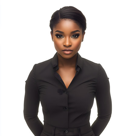 Young businesswoman with hands behind her back is standing in a studio settingの素材