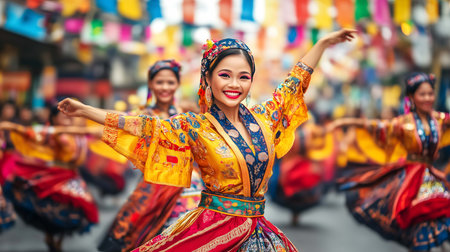 Group of women wearing colorful costumes dancing in the street, Kadayawan Festivalの素材