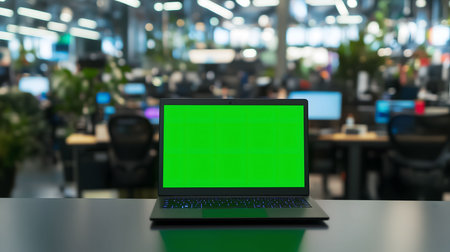 Modern laptop showing green screen for mockup, standing on desk in office with businesspeople working in the backgroundの素材