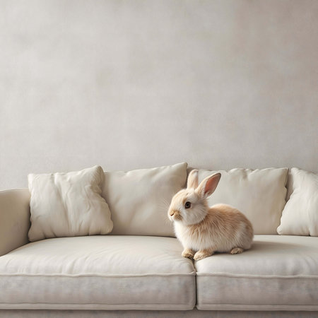 Cute bunny is sitting on a white sofa in a bright living room, creating a cozy atmosphereの素材