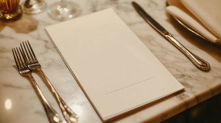 Elegant restaurant menu is lying on a marble table with silverware, creating an upscale dining ambianceの素材