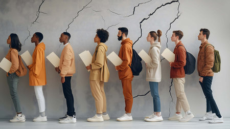 Diverse group of students is waiting in line and holding folders against cracked wallの素材