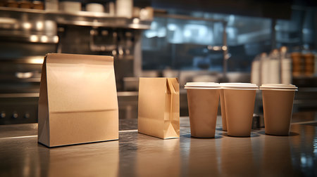 Paper bags and coffee cups waiting for customers to pick up their order at a restaurantの素材