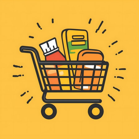 Shopping cart full of groceries, illustrating the concept of grocery shopping, supermarket and retailの素材