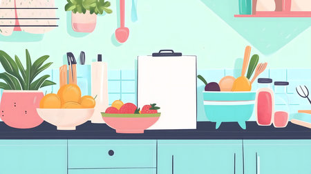 Modern turquoise kitchen counter displaying healthy fruits and vegetables with a blank recipe clipboardの素材
