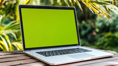 Laptop showing a green screen is laying on a wooden desk in a garden with tropical plantsの素材