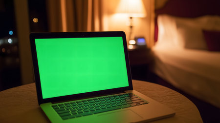 Laptop computer displaying a green chroma key screen standing on a small table in a hotel room at nightの素材