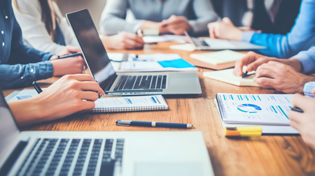 Team of business professionals is working together, analyzing financial data and taking notes during a productive meetingの素材