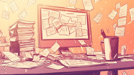 Messy office desk covered with stacks of paperwork and sticky notes is illustrating the concept of overworkの素材