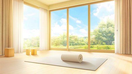 Empty yoga studio bathed in sunlight coming through large windows with a view of a green gardenの素材