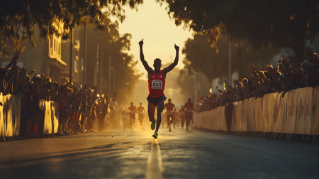 Male marathon runner crossing the finish line in first place with his arms raised in victoryの素材