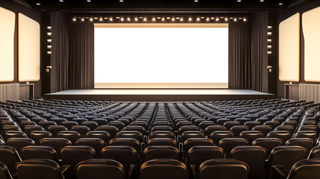 Huge empty cinema auditorium with blank white screen and seatsの素材