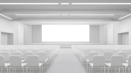 Large empty conference room with a blank projection screen is awaiting an audienceの素材