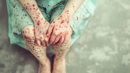 Patient suffering from chickenpox virus sitting on the floor of a hospital roomの素材