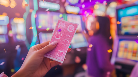 Woman is holding lottery ticket hoping winning jackpot on slot machine in casinoの素材