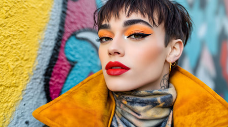 Portrait of a fashionable young woman with short hair and bright makeup standing against a colorful graffiti wallの素材