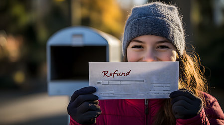 Happy girl is holding a refund check in her handsの素材
