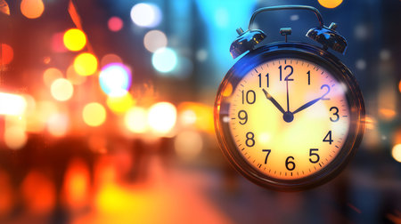 Vintage alarm clock showing midnight hour with unfocused city lights and people silhouettes in the backgroundの素材