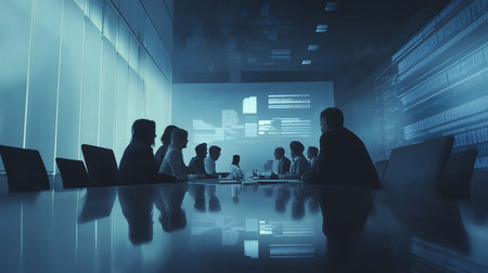 Silhouettes of business people having a meeting in a modern conference room with code displayed on the screenの素材