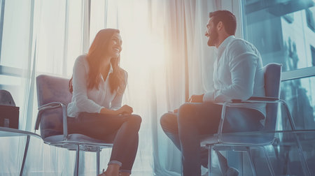 Two business people are having a productive meeting in a modern office with big windowsの素材