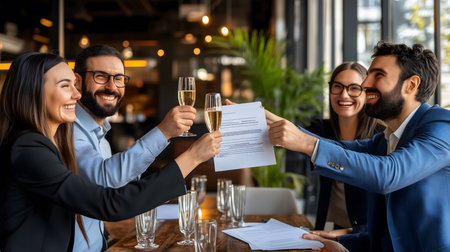 Happy business team celebrating signing contract by making champagne toast in a restaurantの素材