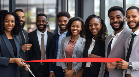 Group of cheerful businesspeople in suits celebrating a company milestone cutting red ribbonの素材