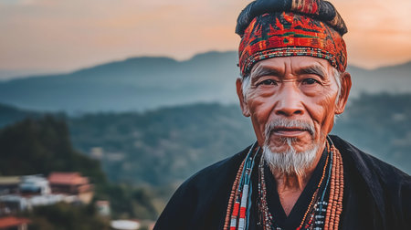 Indigenous man wearing traditional clothing is posing with mountains in the backgroundの素材
